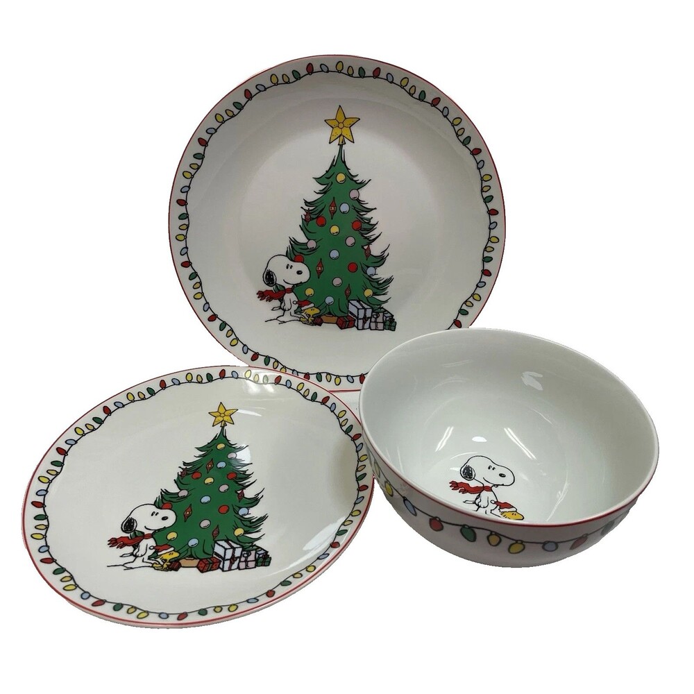 Peanuts Snoopy Woodstock Christmas Dinnerware Set 3 Pc Plates Bowl Gibson